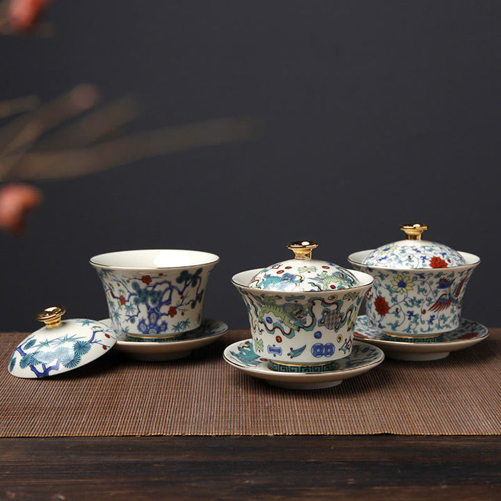 Buddha Stonesレトロ梅花松竹鳳凰麒麟陶器蓋碗三彩ティーカップカンフーティーカップ＆ソーサー蓋付き