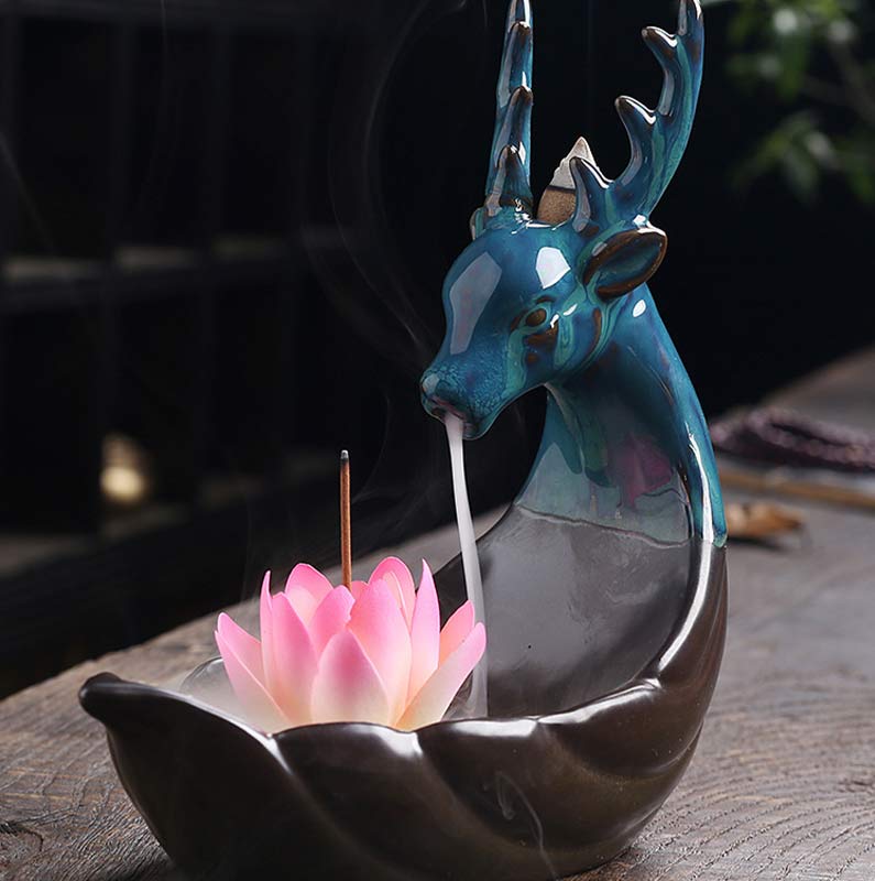 Buddha Stones小さな鹿 陶器 蓮 瞑想 香炉 装飾