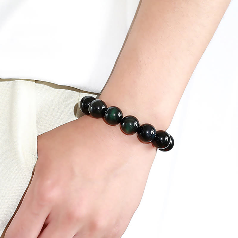 Buddha Stones天然グリーンアイオブシディアン富のブレスレット
