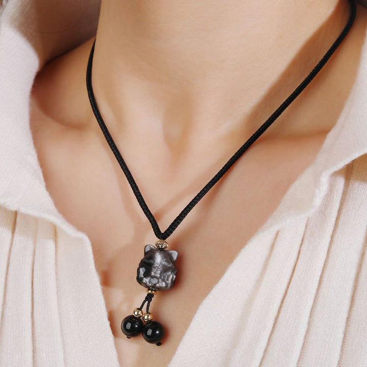 Buddha Stones天然銀光沢黒曜石 九尾狐 守護ネックレスペンダント