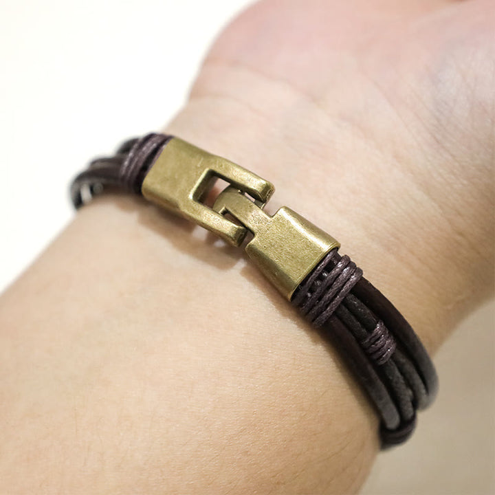 Buddha Stonesヴィンテージレザーリストバンド ブラウンロープ レイヤードブレスレット バングル