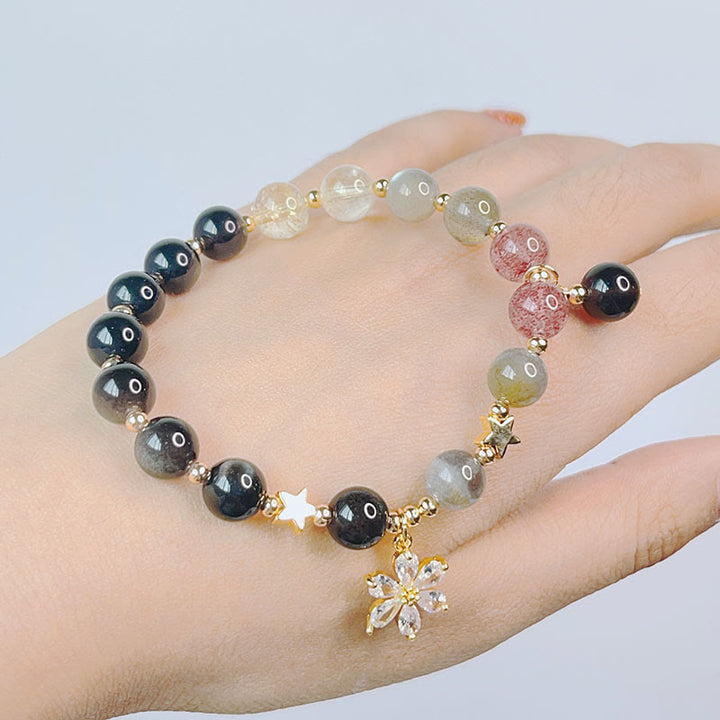 Buddha Stones天然銀光沢黒曜石 ラブハート スターフラワー 守護ブレスレット