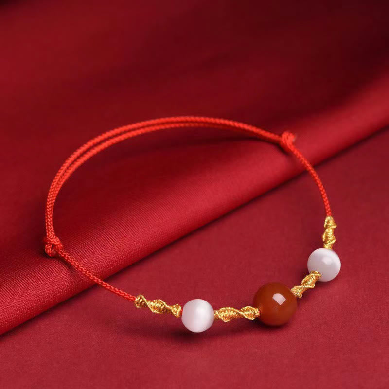 Buddha Stones天然赤瑪瑙 キャッツアイ カーム編み紐ブレスレット ネックレスペンダント - レッドアゲート＆キャッツアイ レッドロープブレスレット（手首周り13～19cm） - image 1