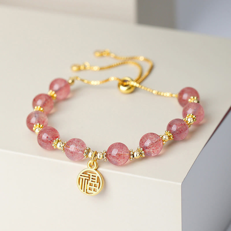 Buddha Stones 14Kゴールドメッキ 天然ストロベリークォーツ 福の字 ポジティブチャームブレスレット