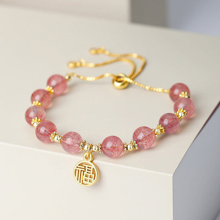 Buddha Stones 14Kゴールドメッキ 天然ストロベリークォーツ 福の字 ポジティブチャームブレスレット