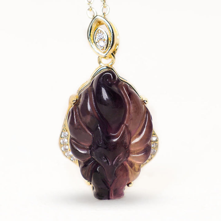 Buddha Stones天然 カラフル 蛍石 九尾狐 守護 ネックレス ペンダント