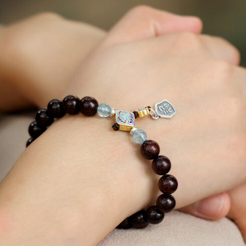 Buddha Stones925 スターリングシルバー インド産小葉 レッドサンダルウッド アクアマリン ゴールドスター 中国結び 祝福ブレスレット