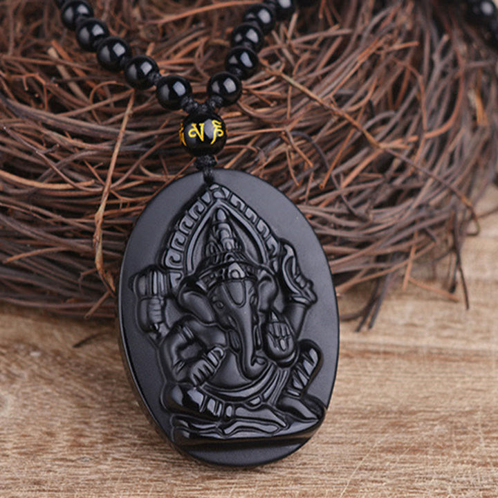 Buddha Stonesチベット黒曜石 ガネーシャ ガンパティ象 富のお守りネックレス