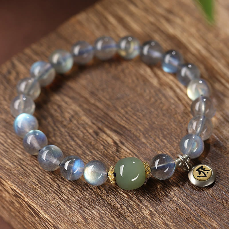 Buddha Stones中国の十二支 出生仏 925 スターリングシルバー 天然ムーンストーン 和田翡翠 ポジティブブレスレット