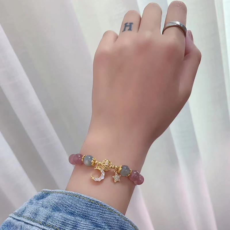 Buddha Stones ストロベリークォーツ＆ムーンストーン 月と星モチーフのラブブレスレット - image 9
