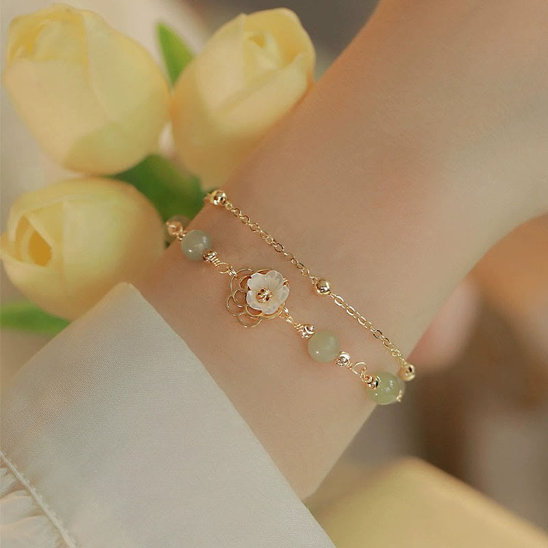Buddha Stones 14K金メッキ 翡翠＆シャコガイ バタフライモチーフ 2連幸運ブレスレット