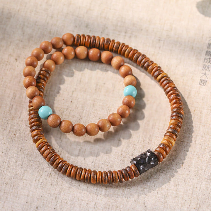 Buddha Stones白檀小葉 レッドサンダルウッド ターコイズ プロテクション ダブルラップブレスレット