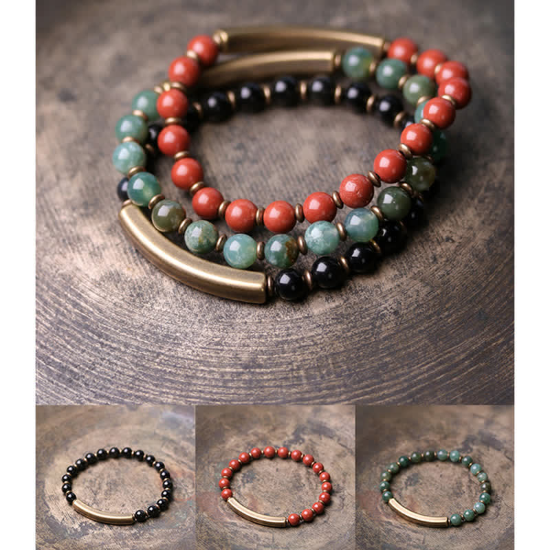 Buddha Stonesレッドジャスパー モスアゲート ブラックオブシディアン クリスタル 銅 平和 カップル ブレスレット