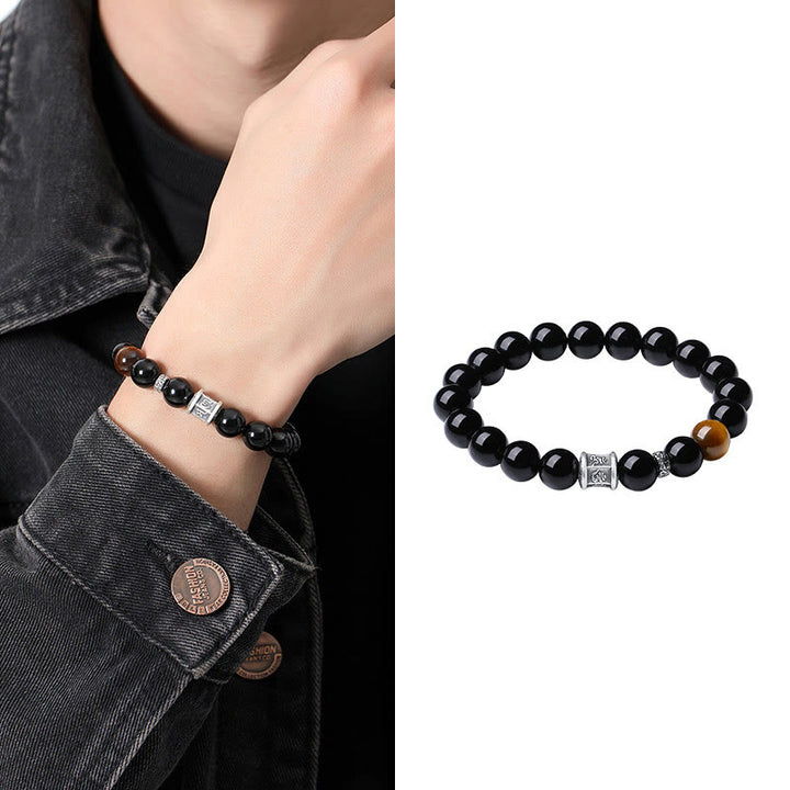 Buddha Stones999 スターリングシルバー ブラックオブシディアン タイガーアイオーム・マニ・パドメ・フムフルフィルメントブレスレット