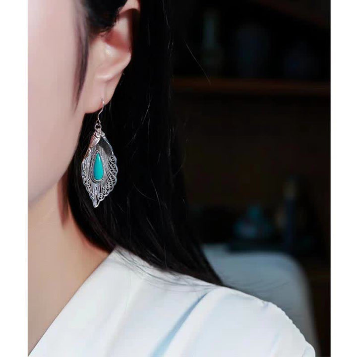 Buddha Stones925スターリングシルバー ターコイズ 菩提葉模様 保護ドロップダングルイヤリング