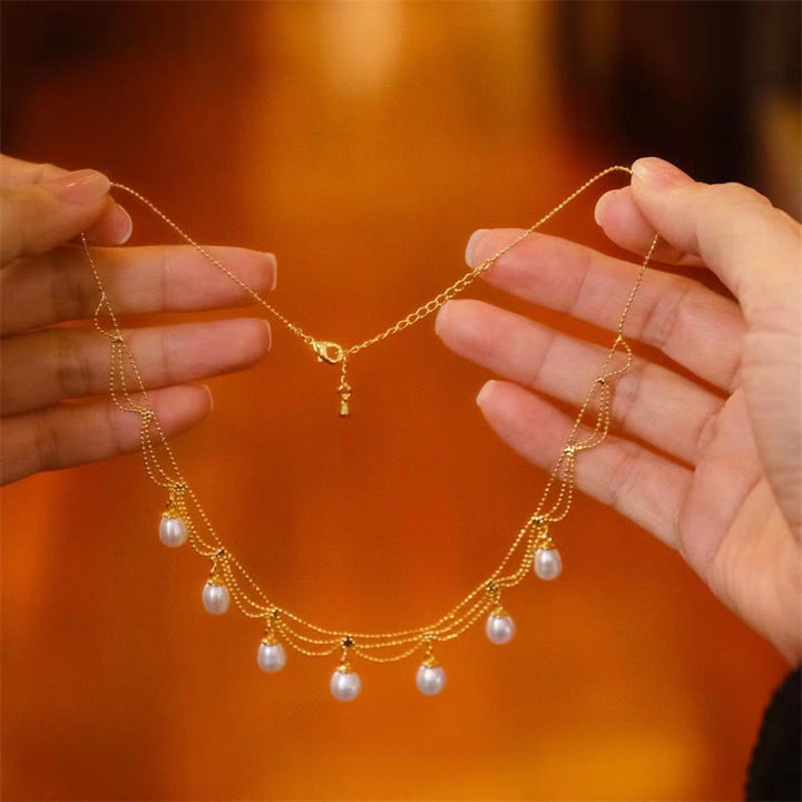 ヴィンテージ 14K ゴールドメッキ パールビーズ ヒーリング マルチレイヤー ネックレス ペンダント