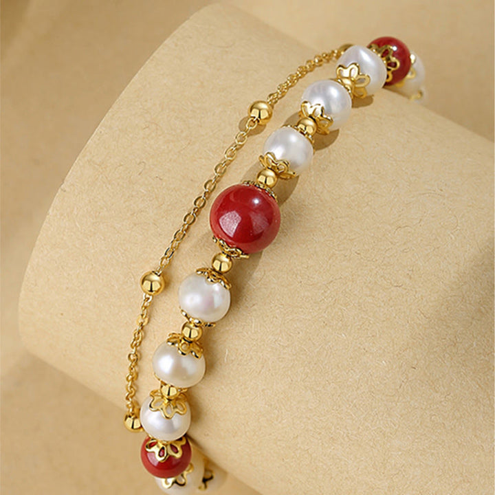 Buddha Stones925スターリングシルバー パール シナバー ウィズダムビーズ ダブルレイヤーチェーンブレスレット