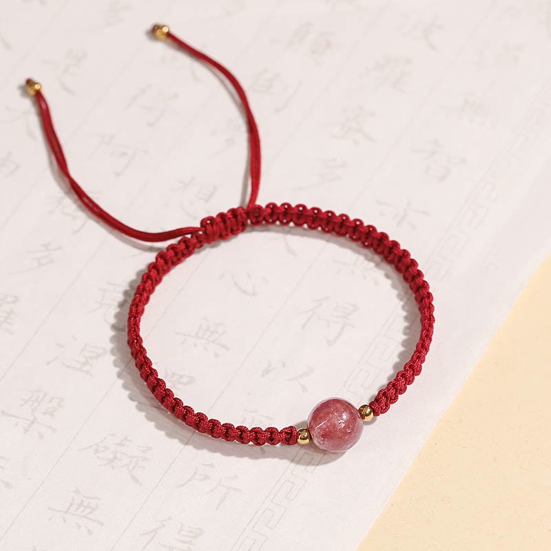 Buddha Stones天然ストロベリークォーツ クリスタル ラブ レッドストリング ウィーブ ブレスレット アンクレット