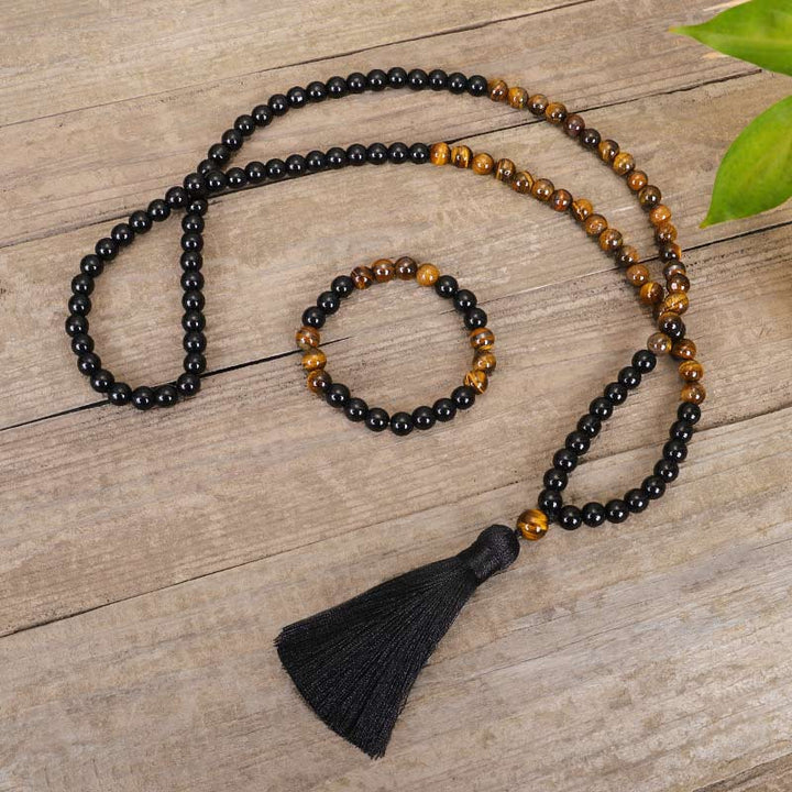 Buddha Stonesチベット黒オニキスタイガーアイ保護ネックレスMalaセット