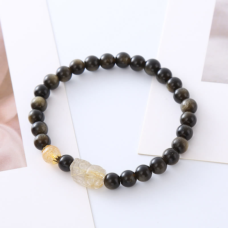 Buddha Stones天然金光沢黒曜石貔貅富守護ブレスレット