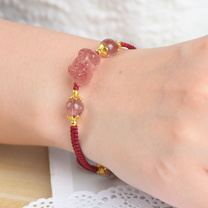Buddha Stones天然ストロベリークリスタルPiXiuチャーム幸運の赤紐ブレスレット