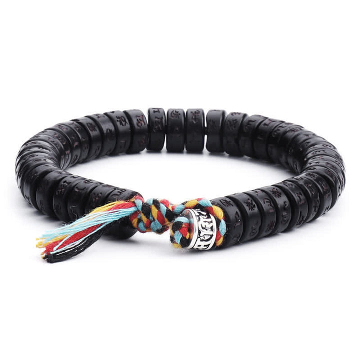 Buddha Stonesチベットココナッツシェルビーズ 彫刻入りオーム・マニ・パドメ・フムマントラ 幸福ブレスレット