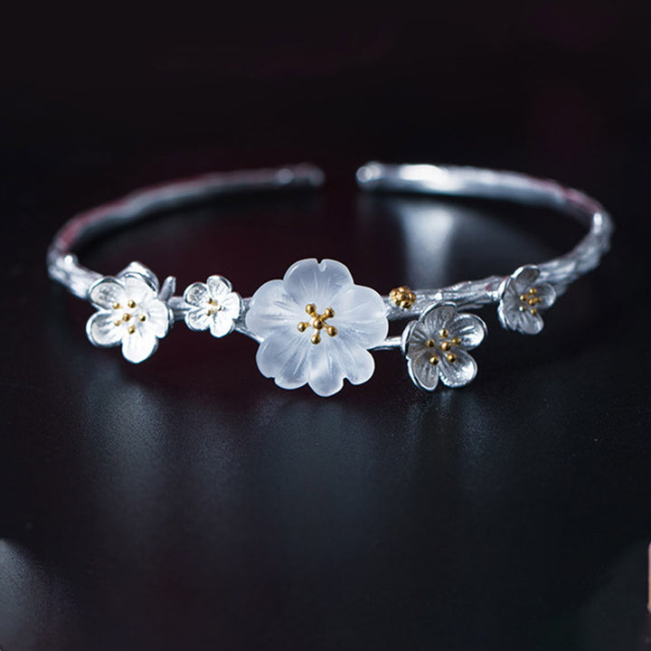 Buddha Stones925スターリングシルバー プラムフラワー 祝福ブレスレット 調節可能バングル