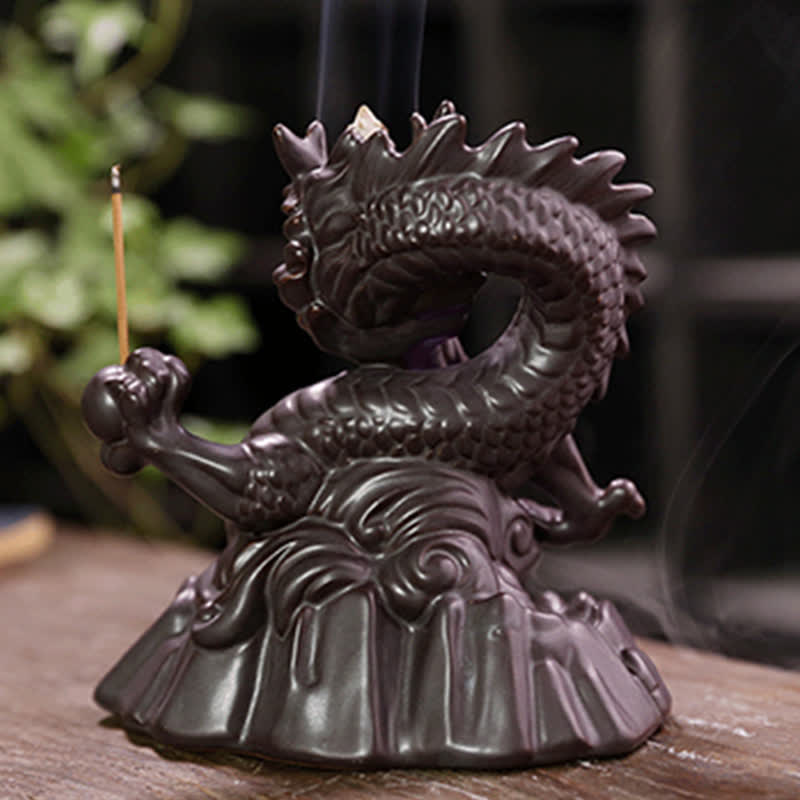 Buddha Stones縁起の良い龍 セラミック 逆流煙噴水 瞑想 癒し 香炉 LED ボール 装飾