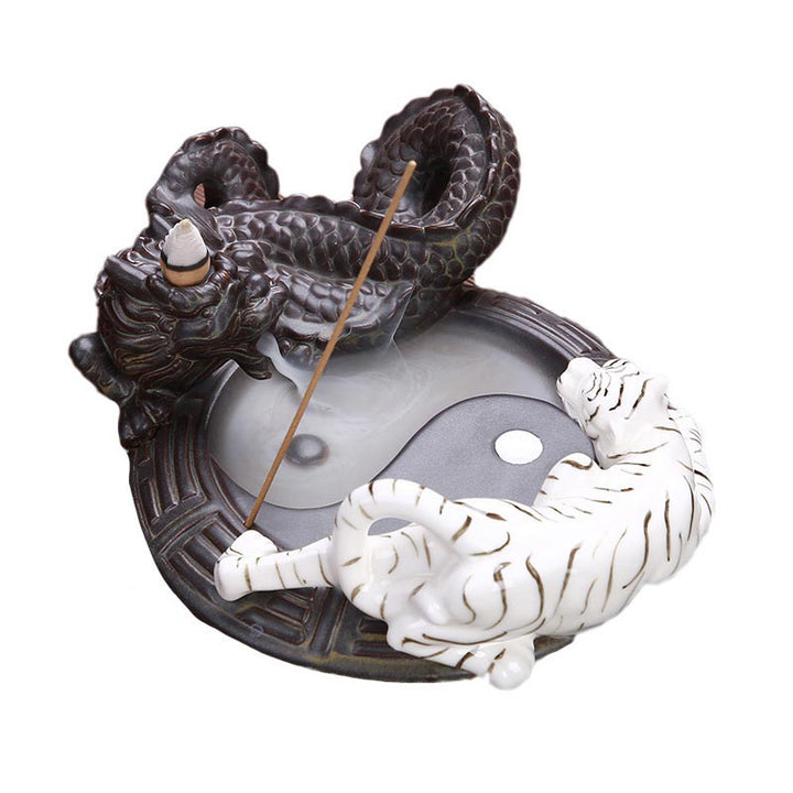 Buddha Stones虎龍 逆流煙噴水 陶器 陰陽 祝福 香炉 装飾
