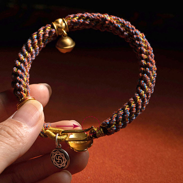 Buddha Stones925 スターリングシルバー十二支誕生仏オーム・マニ・パドメ・フム幸運の鐘 編み込みストリングブレスレット