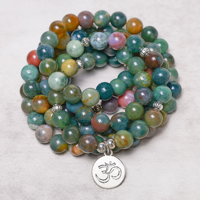 Buddha Stones108 個入りMalaビーズ インド瑪瑙 蓮華 OM 仏陀 生命の樹 ポジティブ カーム ブレスレット