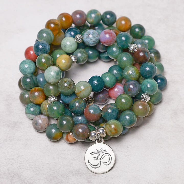Buddha Stones108 個入りMalaビーズ インド瑪瑙 蓮華 OM 仏陀 生命の樹 ポジティブ カーム ブレスレット