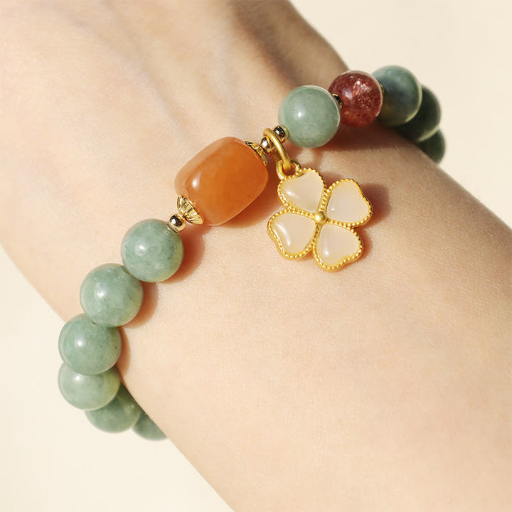 Buddha Stones翡翠四つ葉のクローバーチャーム繁栄ブレスレット