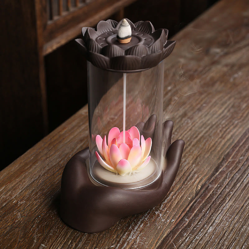 Buddha Stones仏陀の手 蓮 悟り LEDライト 紫 粘土 陶器 香炉 装飾