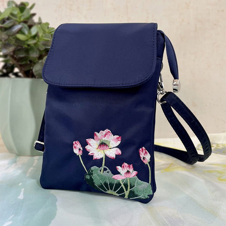 Buddha Stones防水ハンドメイド刺繍蓮の花クロスボディバッグショルダーバッグ携帯電話バッグ
