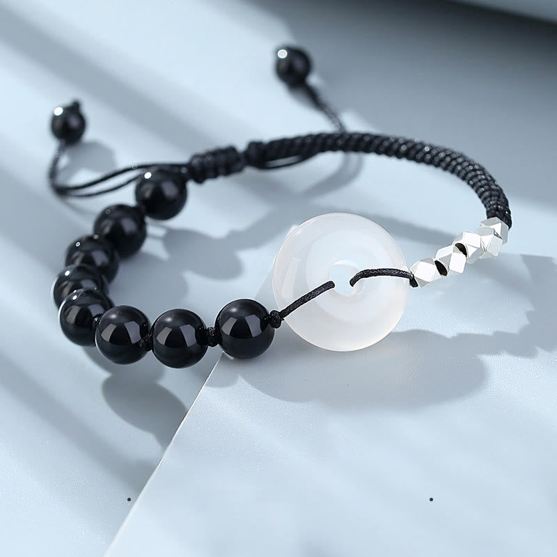 Buddha Stones 925スターリングシルバー ブラックオブシディアンアゲート ピースバックル ストレングスブレスレット