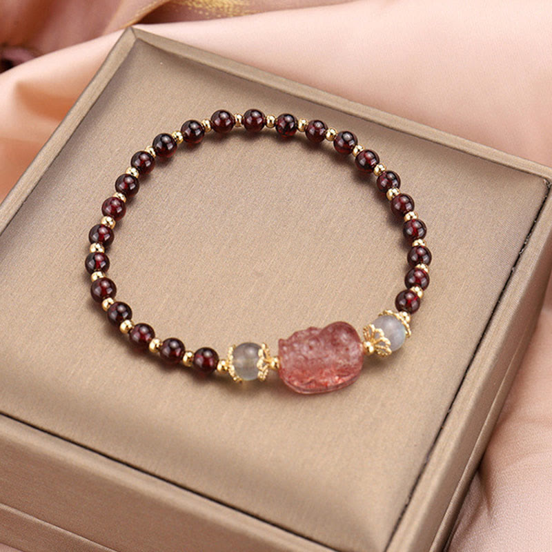 Buddha Stones天然トルマリンガーネット ストロベリークォーツ 貔貅ムーンストーン守護ブレスレット