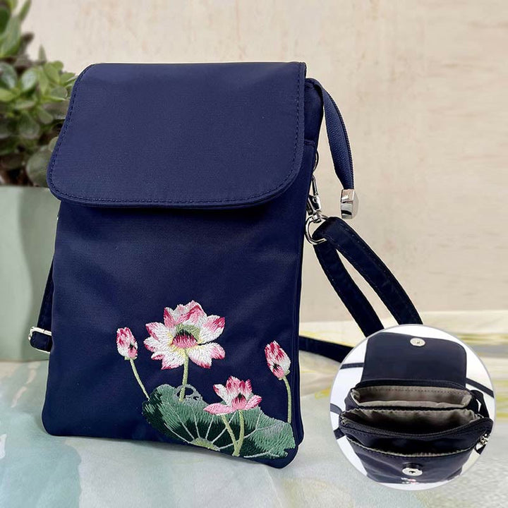 Buddha Stones防水ハンドメイド刺繍蓮の花クロスボディバッグショルダーバッグ携帯電話バッグ