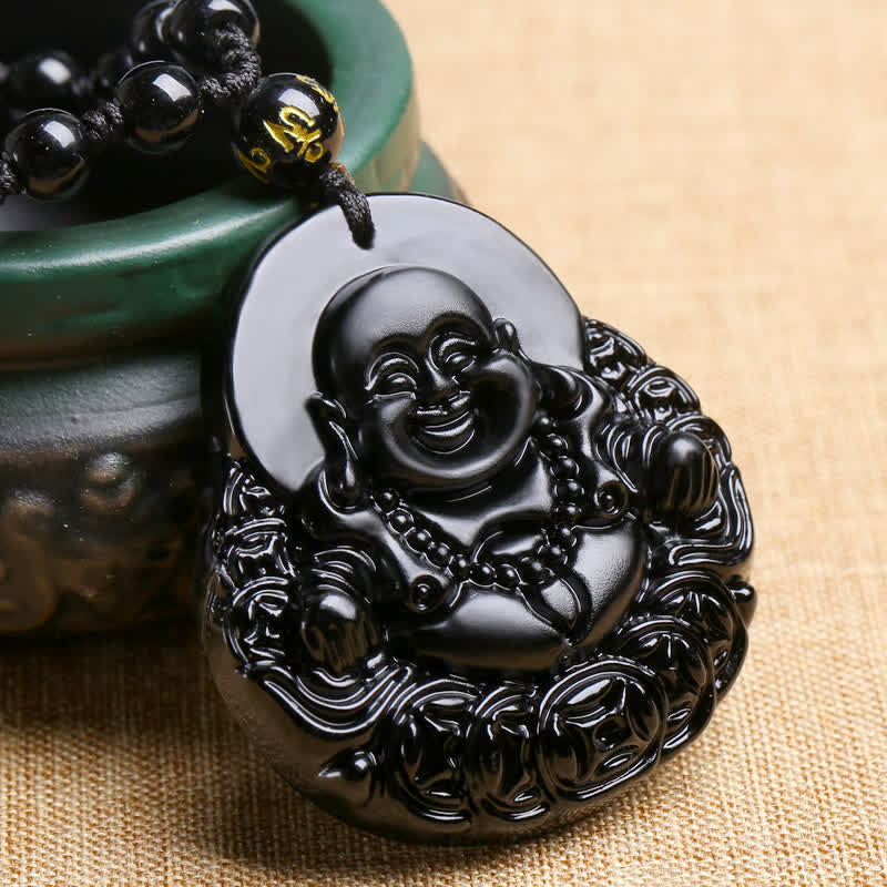 Buddha Stones笑う仏陀 黒曜石 強さと守護のペンダントネックレス - image 2