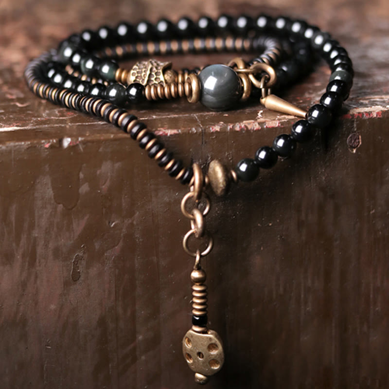 Buddha Stonesレインボーオブシディアン 黒檀 木 銅 ポジティブ マルチレイヤーブレスレット