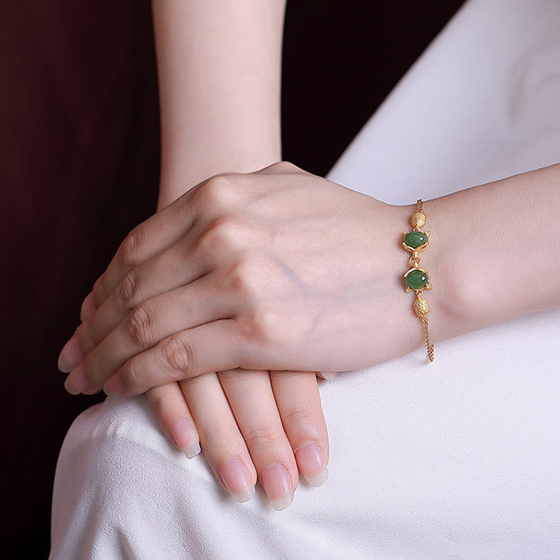 Buddha Stones925 スターリングシルバー 天然和田白翡翠 シアン翡翠 愛らしいキツネの幸運のブレスレット