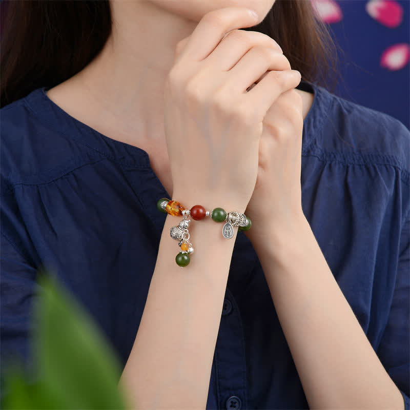 Buddha Stones 925スターリングシルバー 和田シアン翡翠ひょうたん琥珀成功ブレスレット
