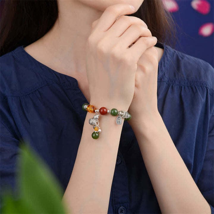 Buddha Stones 925スターリングシルバー 和田シアン翡翠ひょうたん琥珀成功ブレスレット