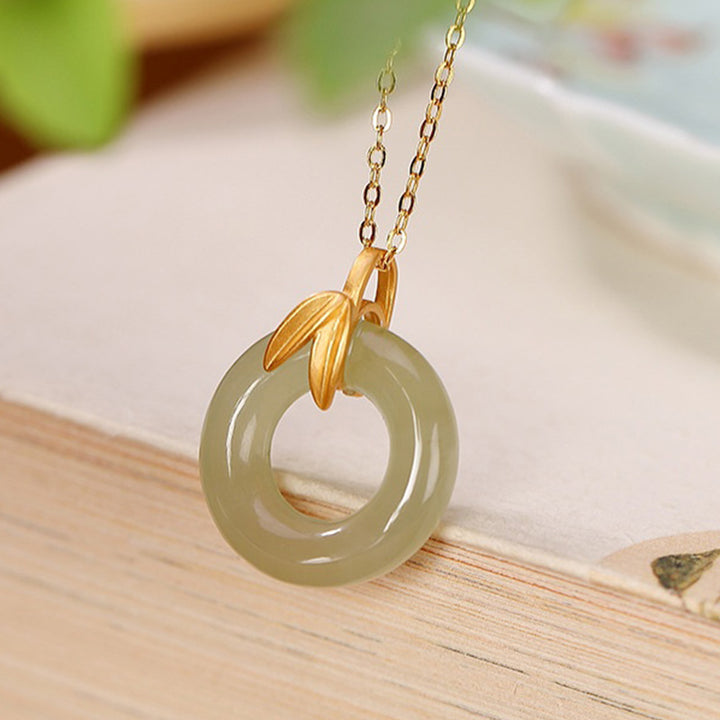 Buddha Stones 925スターリングシルバー シアン翡翠 ピースバックル 竹の葉 ハーモニーネックレスペンダント