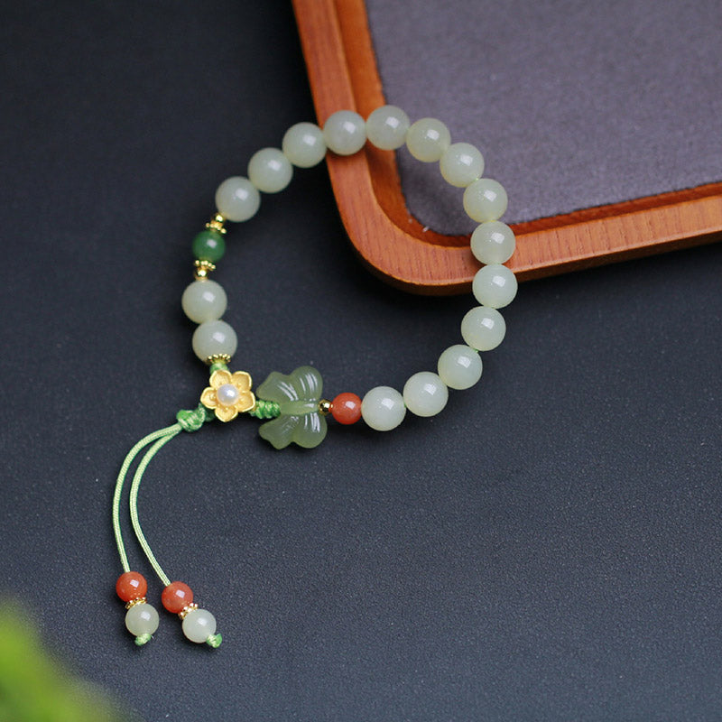 Buddha Stones925スターリングシルバー 翡翠 幸運の花 蝶 ブレスレット