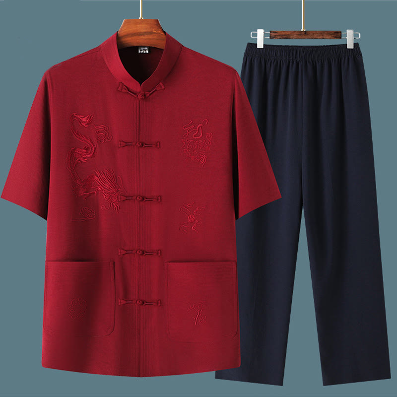 Buddha Stones唐装漢服中国龍伝統カンフーユニフォーム半袖トップスとパンツ衣類メンズセット - image 17