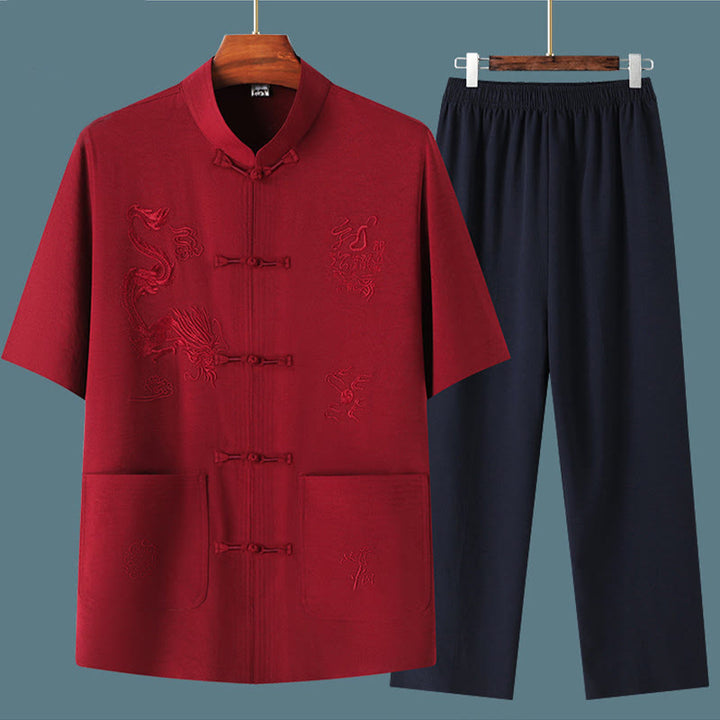 Buddha Stones唐装漢服中国龍伝統カンフーユニフォーム半袖トップスとパンツ衣類メンズセット - image 17