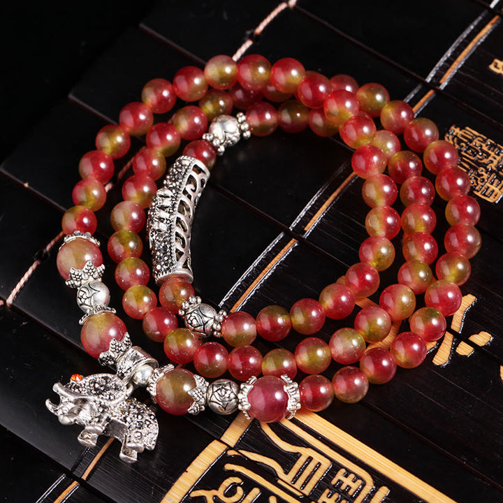 Buddha Stones天然スイカトルマリン貔貅象ポジティブトリプルラップブレスレット