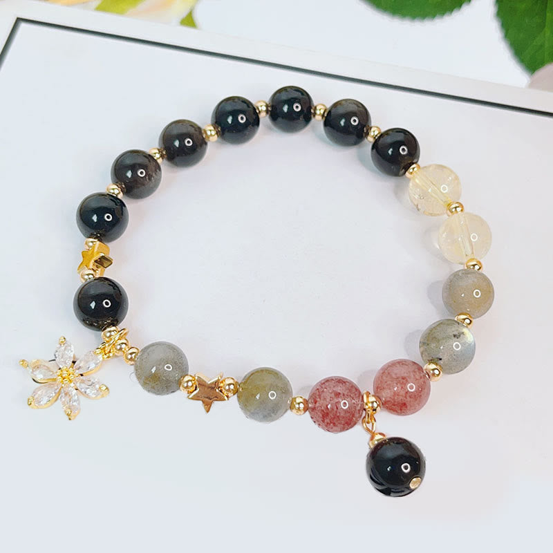 Buddha Stones天然銀光沢黒曜石 ラブハート スターフラワー 守護ブレスレット