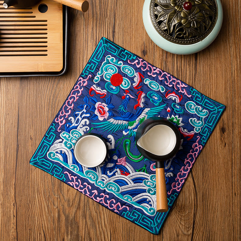 Buddha Stones鳳凰龍 麒麟刺繍 カップマットパッド ティーカップコースター カンフーティーマット